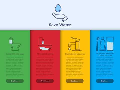 Save Water Concept: Reduce Toilet Water, Fill Bathtub Halfway, Do Not Leave Running Tap And Brushing Teeth Economy Usage. Thin Line Vector Illustration, Template With Copy Space.