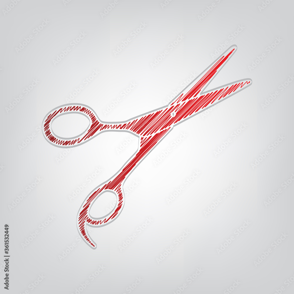 Aufkleber hair cutting scissors sign. red gradient scribble icon with artistic contour gray string on light gr