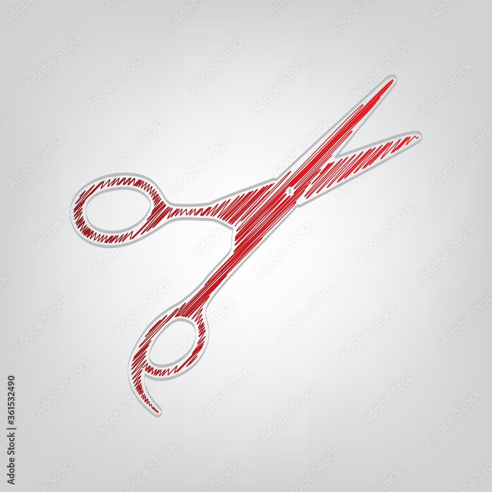 Poster hair cutting scissors sign. red gradient scribble icon with artistic contour gray string on light gr