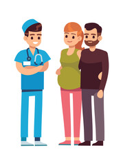 Fototapeta premium Doctor and couple. Pregnant woman and husband talking with physician in hospital, medical examination in clinic. Pregnancy medicine healthcare concept, vector isolated illustration