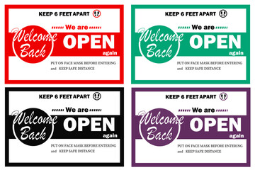 Naklejka premium Set banners. Set signs. Fun sign on the front door - welcome back! We are open after quarantine due to COVID-19 (coronavirus). Keep social distance. Vector