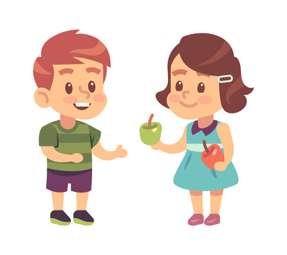 Kids good manners. Cartoon girl shares apple with boy, children respectful and thankful behavior, symbol of friendship. Flat vector isolated illustration