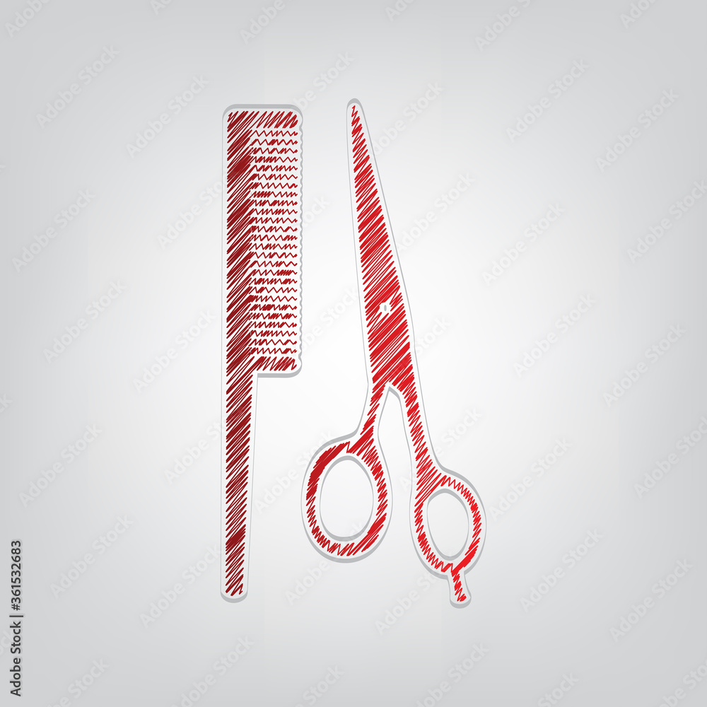 Poster barber shop sign. red gradient scribble icon with artistic contour gray string on light gray backgro