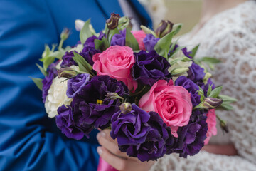the bride's bouquet, bridal bouquet of roses, bride and groom
