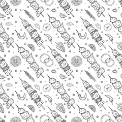 Seamless pattern with shashlik meat baked on grill on skewer on white background. Pepper, onion rings, chili pepper, cucumber, vegetable, kebab, garlic, clove ingredients. Vector hand drawn sketch.