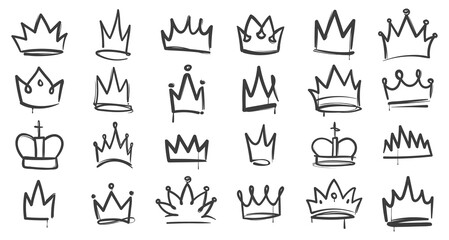 Sketch crown. Simple elegant queen or king crowns. Monarch majestic jewel tiara, beautiful diadem, royal imperial coronation symbols. Vector isolated icons © YummyBuum