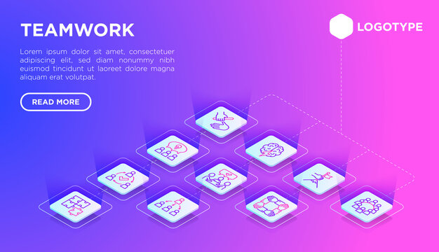 Teamwork web page template with thin line isometric icons: relay race, brainstorm, success, meeting, idea share, collaboration, joint project, unity, support, delegation. Modern vector illustration.