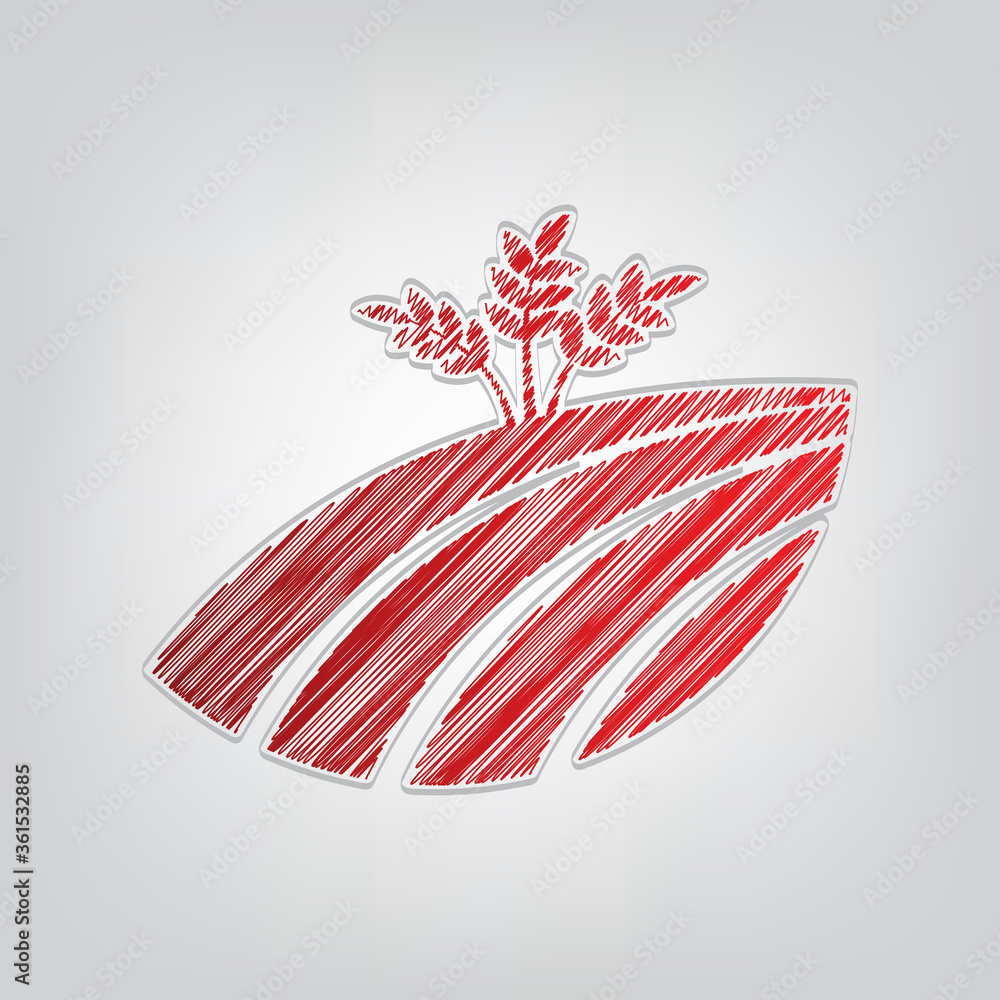 Poster wheat field sign. red gradient scribble icon with artistic contour gray string on light gray backgro