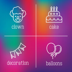 Organization of birthday party and event thin line icons: clown, ballons, decoration, cake. Vector illustration.
