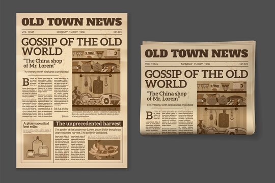 Old newspaper. Vintage magazine front page mockup. Two realistic pages templates, historical sepia sheet of journal, daily news vector retro concept