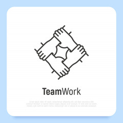 Four hands hold together for the wrist other. Symbol of team work, support, charity organization and donation community. Thin line vector illustration.