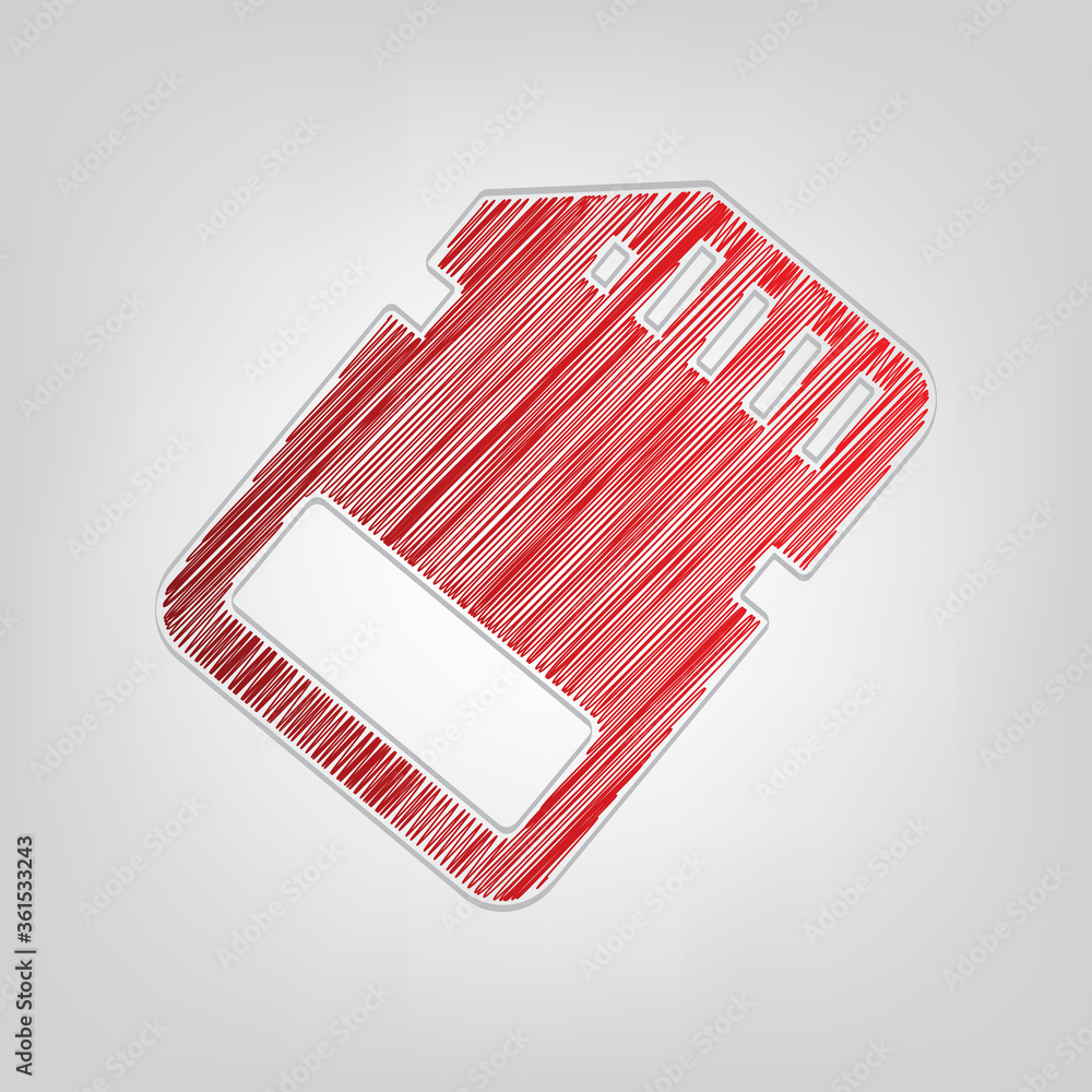 Poster memory card sign. red gradient scribble icon with artistic contour gray string on light gray backgro