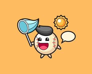 Baseball cartoon is catching butterfly