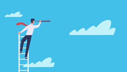 Business vision. Businessman stands on ladder in clouds with telescope, leadership and success symbol, new idea and career vector concept © YummyBuum