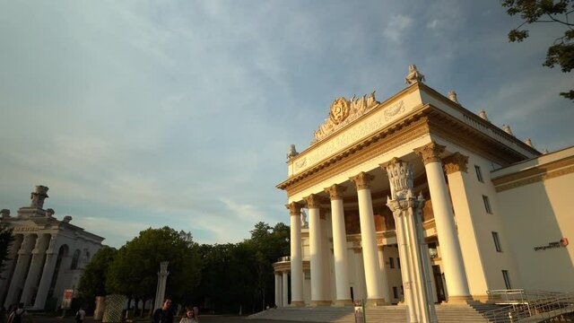 a beautiful historic building with large columns in the territory of VDNH,2020