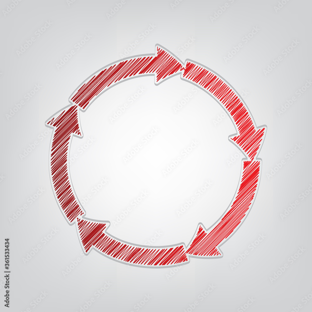 Poster circular arrows sign. red gradient scribble icon with artistic contour gray string on light gray bac