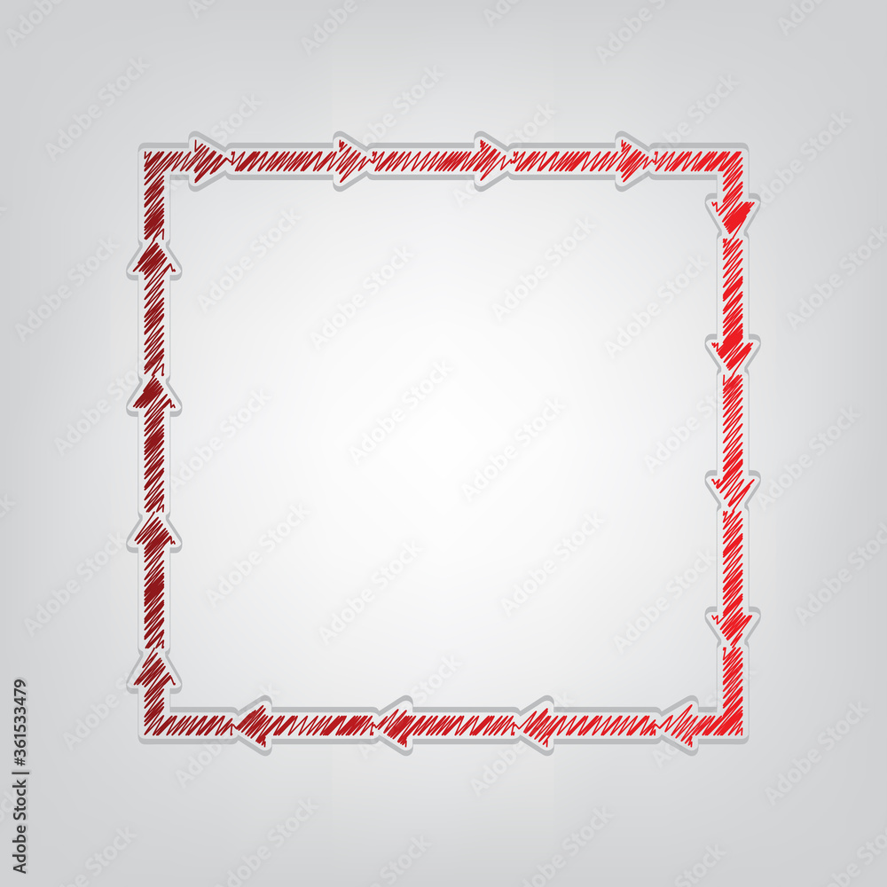 Poster arrow on a square shape. red gradient scribble icon with artistic contour gray string on light gray 