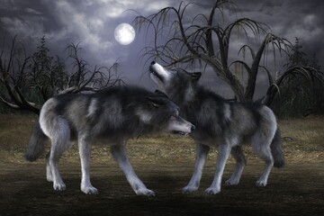 3D Rendered Fantasy Forest Landscape At Night With Two Gray Wolves - 3D Illustration