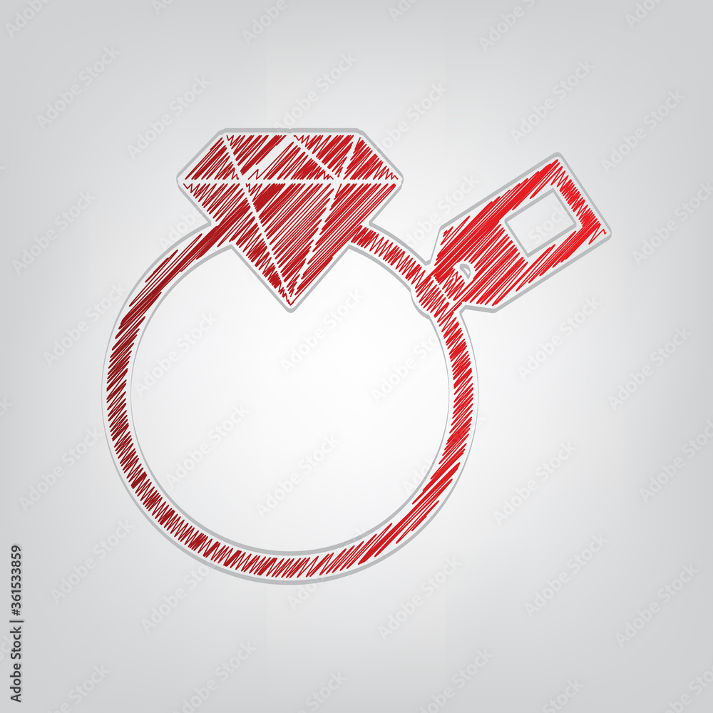 Aufkleber diamond sign with tag. red gradient scribble icon with artistic contour gray string on light gray ba