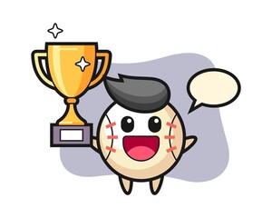 Baseball cartoon happy holding up the golden trophy