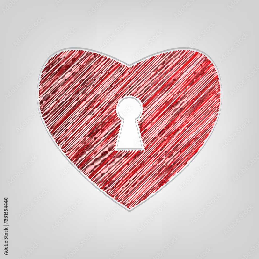 Aufkleber heart with lock sign. red gradient scribble icon with artistic contour gray string on light gray bac