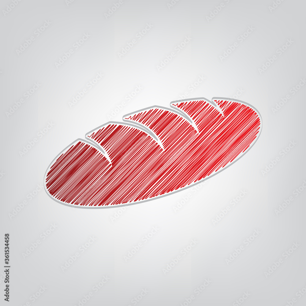 Poster bread sign. red gradient scribble icon with artistic contour gray string on light gray background. i
