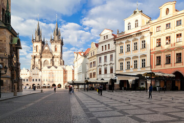 Astronomical clock, Tyn church and Old town square before sunset from west