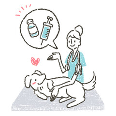 動物病院で獣医師によるペットに狂犬病予防ワクチンを促すイラスト