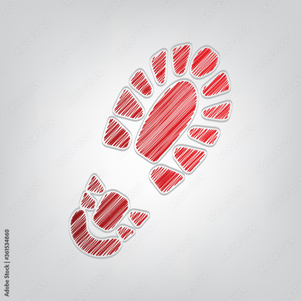 Aufkleber footprint boot sign. red gradient scribble icon with artistic contour gray string on light gray back