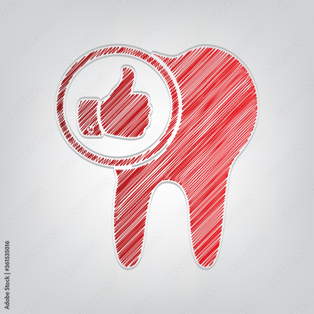 Poster tooth sign with thumbs up symbol. red gradient scribble icon with artistic contour gray string on li