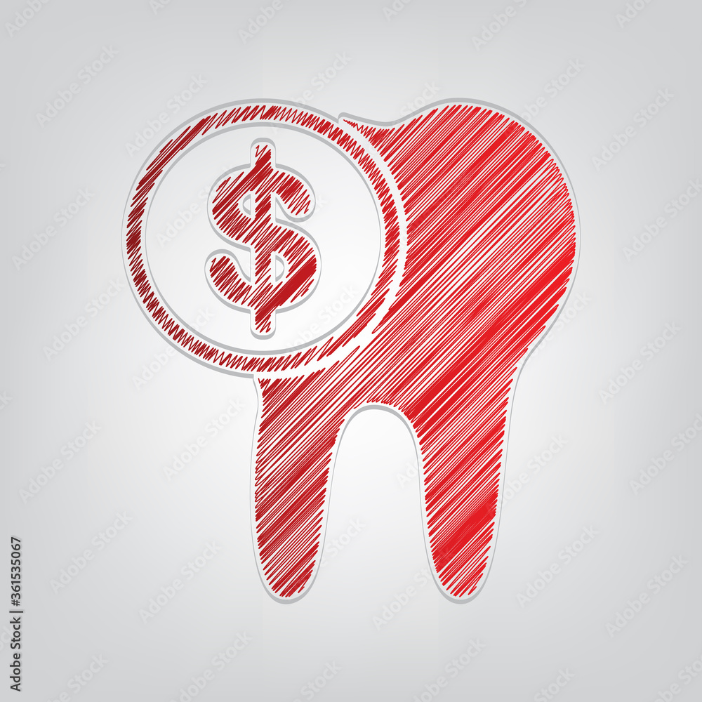 Poster the cost of tooth treatment sign. red gradient scribble icon with artistic contour gray string on li