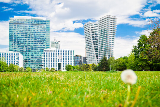 Prague financial downtown from Central Park of Pankrac during lockdown with no people