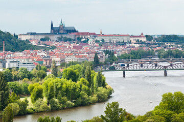 View of Prague castle, Vltava river and the bridges of Prague from distance from the Profile of Podoli
