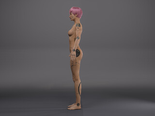 3D Render : the portrait of female cyborg standing in the  studio