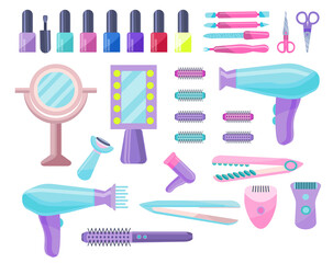 Set of devices for hair styling and manicure, depilation.Collection of accessories for self-care.Set of devices for female beauty. Tools for female attractiveness.  Vector illustration in flat style.