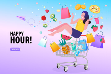 woman with shopping cart Trend vector flat illustration