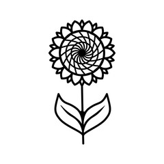 Sunflower with leaves line icon isolated on white background. Vector floral illustration. Botanical summer concept. For cutting, clipart, printing, monogram, tattoo, shirt design.