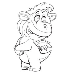 sketch of a cute dragon with small wings, coloring book, cartoon illustration, isolated object on a white background, vector illustration,