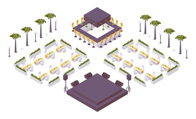 Isometric outdoor 3d scene with bar or restaurant with palms, tables and stage for singers or attractions at hotel or tourist resort