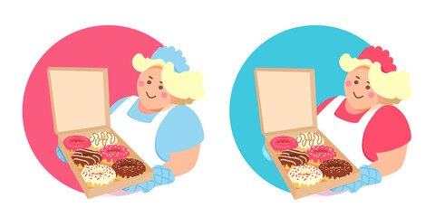 A baker in a white apron smiling holds an open cardboard box of fresh colored glazed doughnuts. Copy space for text, logotype. Woman chef cook with frosted donuts. Confectioner.