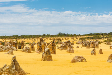 The Pinnacles in the Nambung National Park, Western Australia near the city of Cervantes are remains of ancient limestone formations or formed through the preservation of tree casts