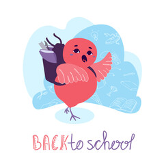 A cute owl bird pupil with a backpack waving its wing. Back to school handwritten phrase. First day of school. A vector cartoon illustration isolated on a white background.