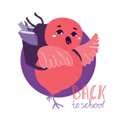 A cute owl bird pupil with a backpack waving its wing. Back to school handwritten phrase. First day of school. A vector cartoon illustration isolated on a white background.