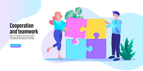 Man and woman fitting together pieces of a jigsaw puzzle. Concept of teamwork, business cooperation, collective project work. Modern flat colorful vector illustration.