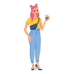 The girl character spends time on a walk. Fashionable girl with coffee. Vector flat illustrations
