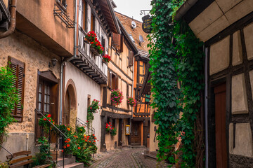 Fototapeta na wymiar Streets of Eguisheim in Alsace, France, with traditional houses and colored facades
