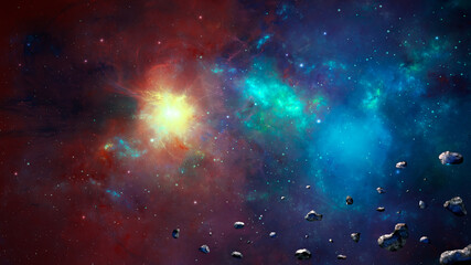 Space background. Asteroid fly in colorful nebula with star field. Elements furnished by NASA. 3D rendering