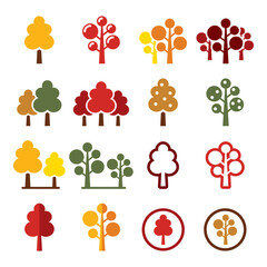 Autumn trees, forest, park vector icons set - nature design collection in yellow, orange, brown and red 

