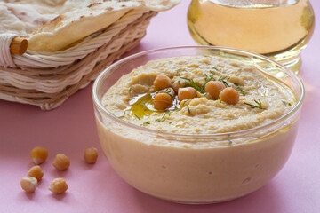 Chickpea hummus on a wooden table