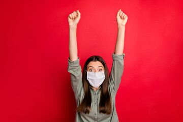 Portrait of her she nice healthy girl wearing safety mask rising hands up good news mers cov flu...
